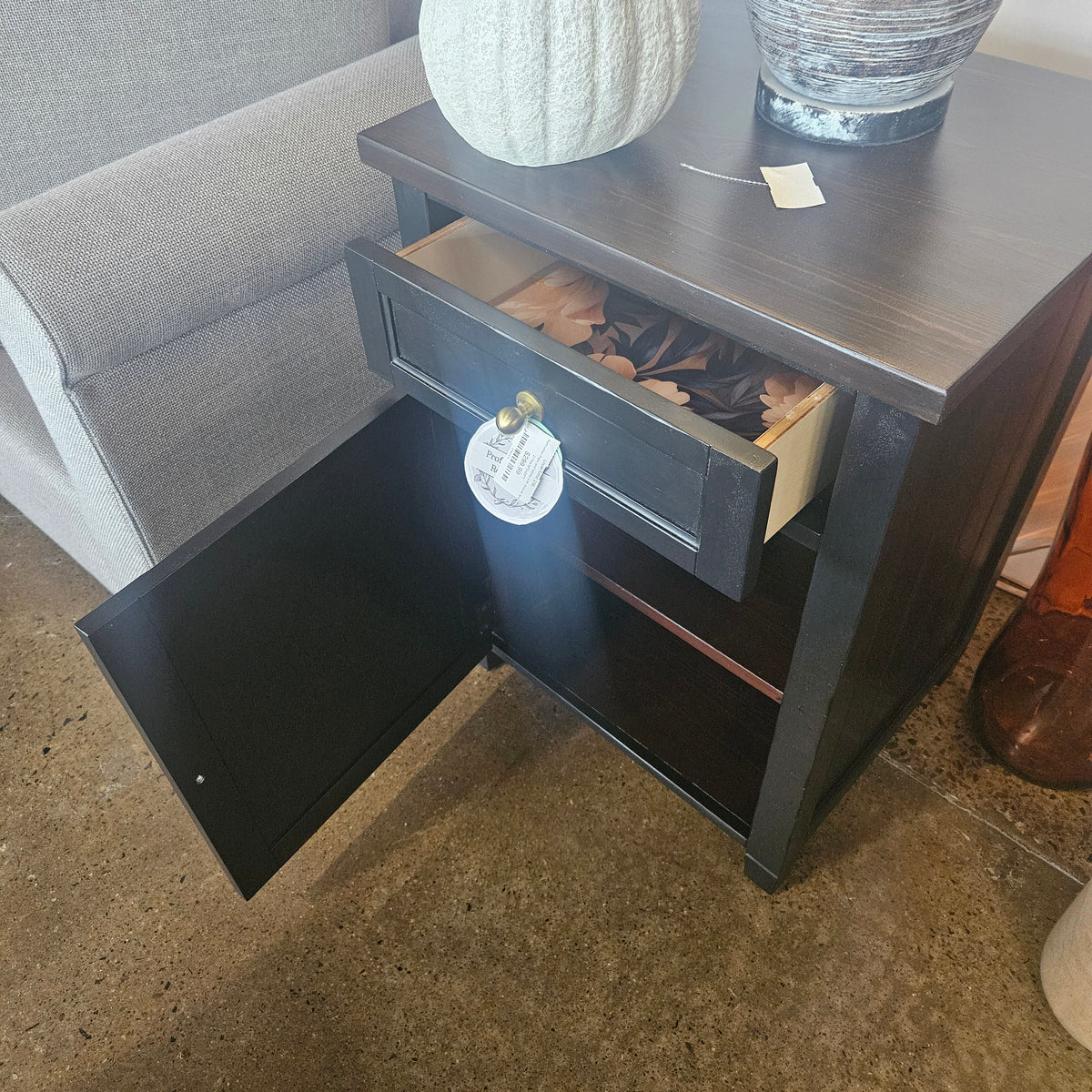Refinished black end tables with drawer and storage