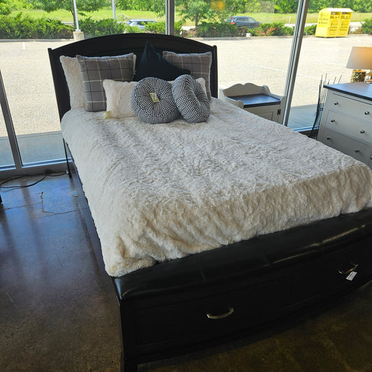Queen bed with leather like top and 2 drawers