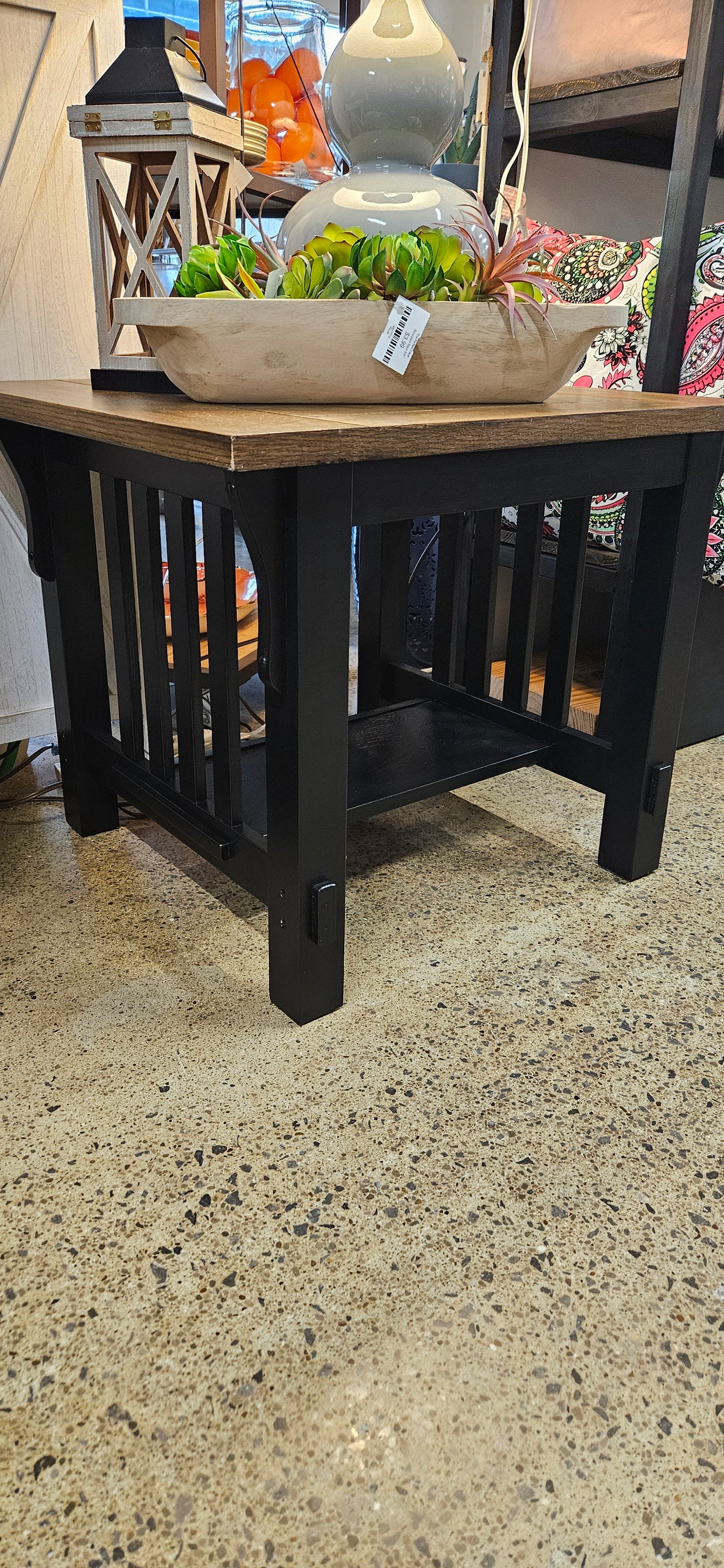 Wood top, black painted base end table