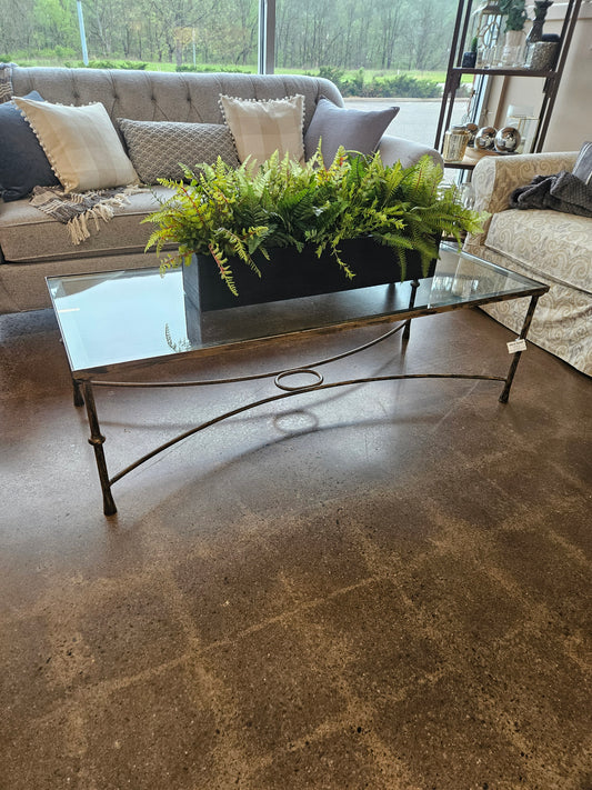 Hammered bronze glass topped coffee table