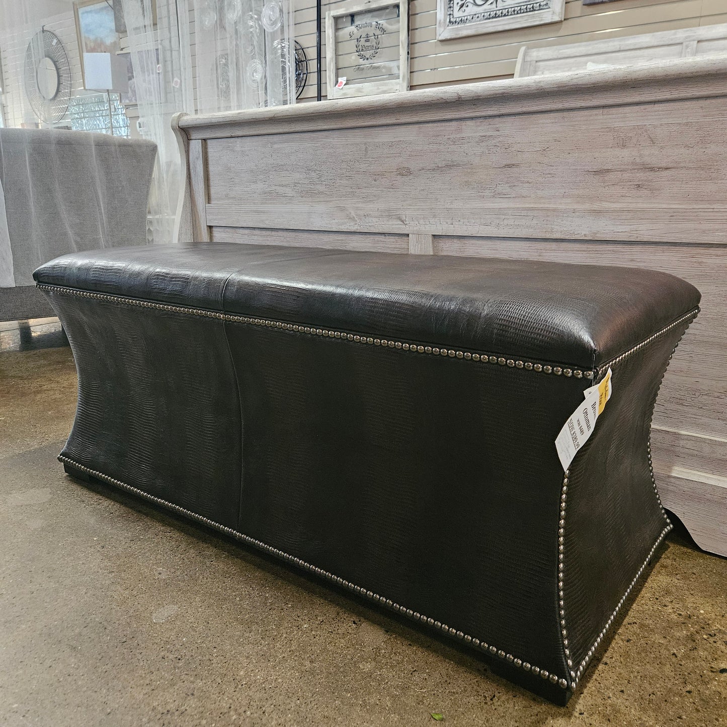 Bernhardt brown patterned ottoman  with silver nail head trim