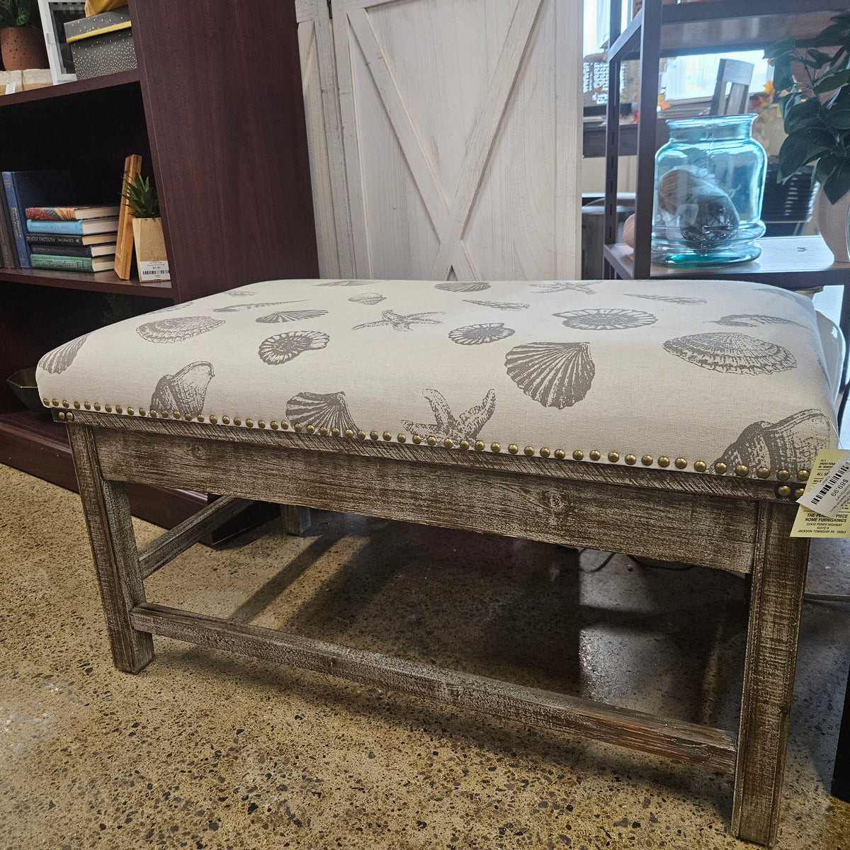 Wooden bench with seashell fabric